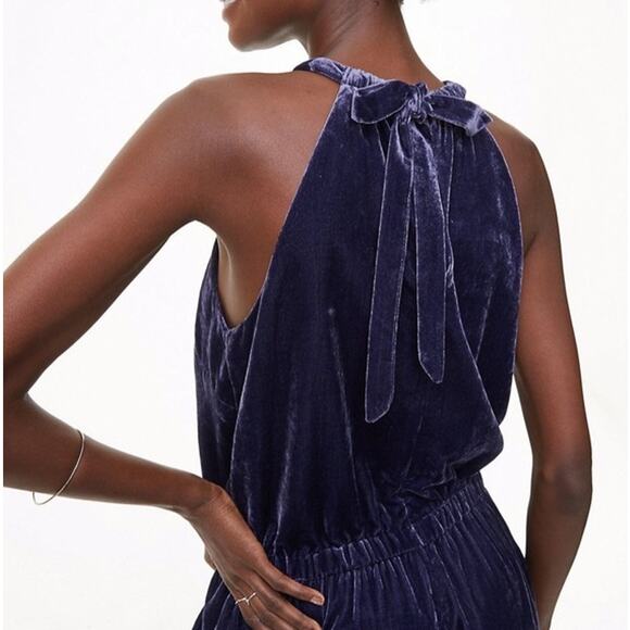 Ann Taylor LOFT Halter Crushed Velvet Jumpsuit Tie Back Straight Leg Blue Petite - Picture 3 of 13